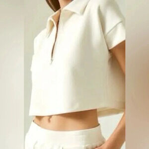 Lanston‎ Sport Cuff Sleeve Polo Shirt Half Zip in Ivory Sz L